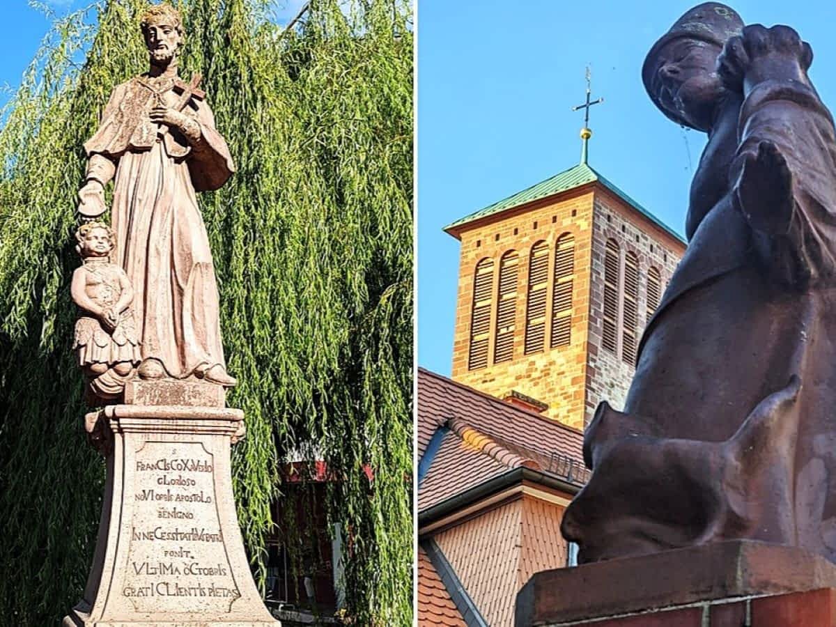 Sandsteinstatuen der Brückenheiligen in der Bensheimer Altstadt