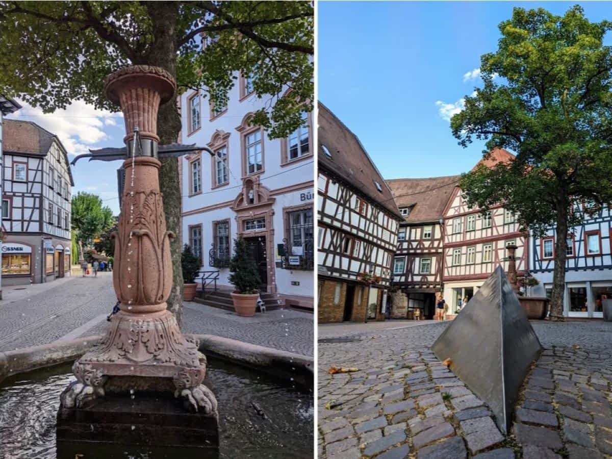 Nahaufnahme von Brunnen-Elementen und Stolpersteinen in Bensheim