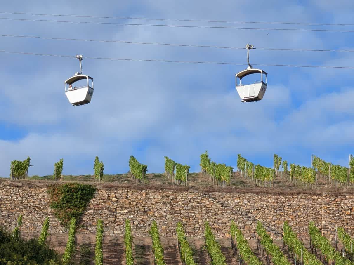 Nostalgische Seilbahn-Gondeln schweben an Seilen über terrassierte Weinberge in Rüdesheim am Rhein