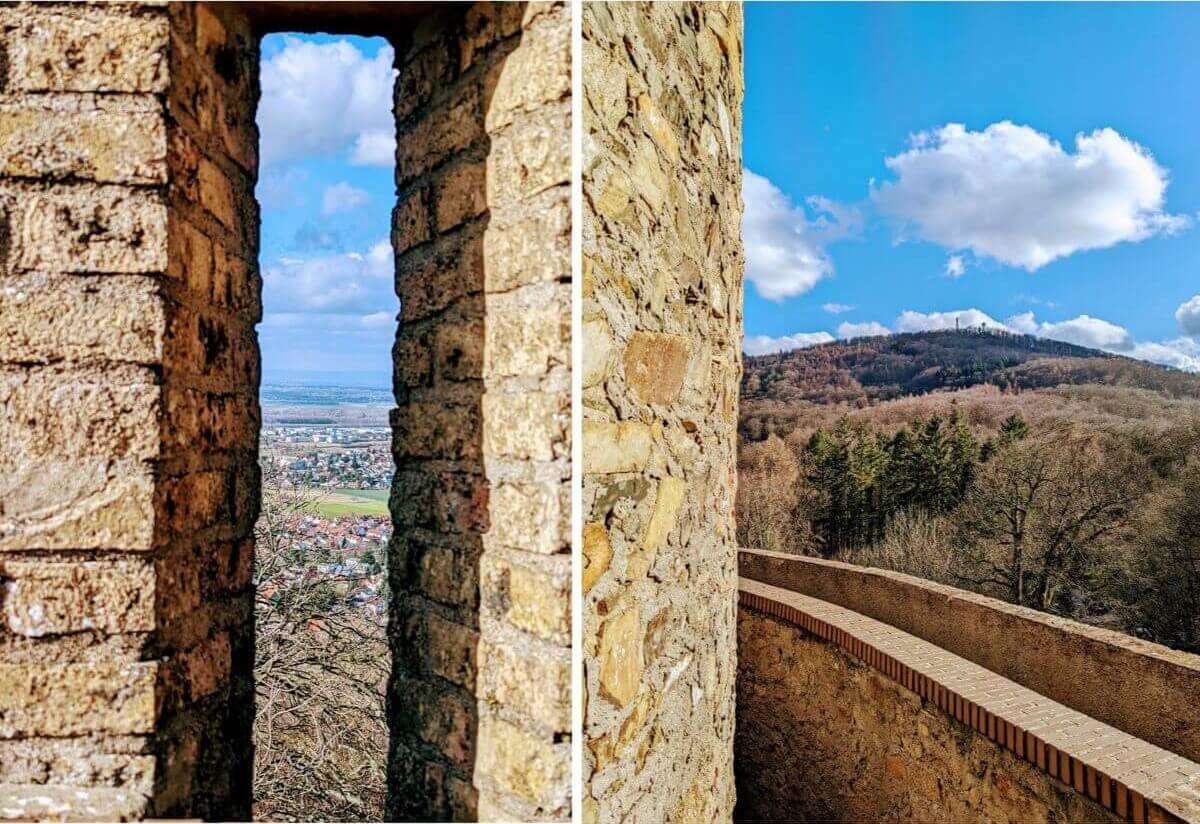 Bergfried des Alsbacher Schlosses mit Aussicht auf den Odenwald