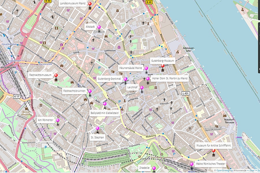 Karte aller Sehenswürdigkeiten in Mainz