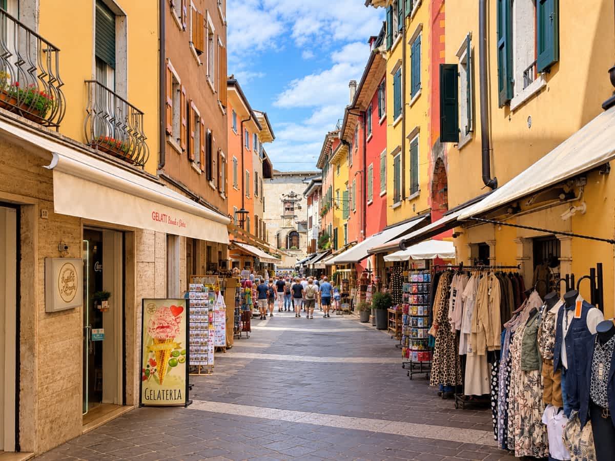 Altstadt von Garda am Gardasee mit bunten Häusern, Geschäften und Restaurants