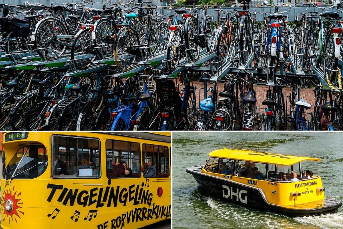 Fahrräder, Stadtrundfahrt und Wassertaxi als Verkehrsmittel in Rotterdam