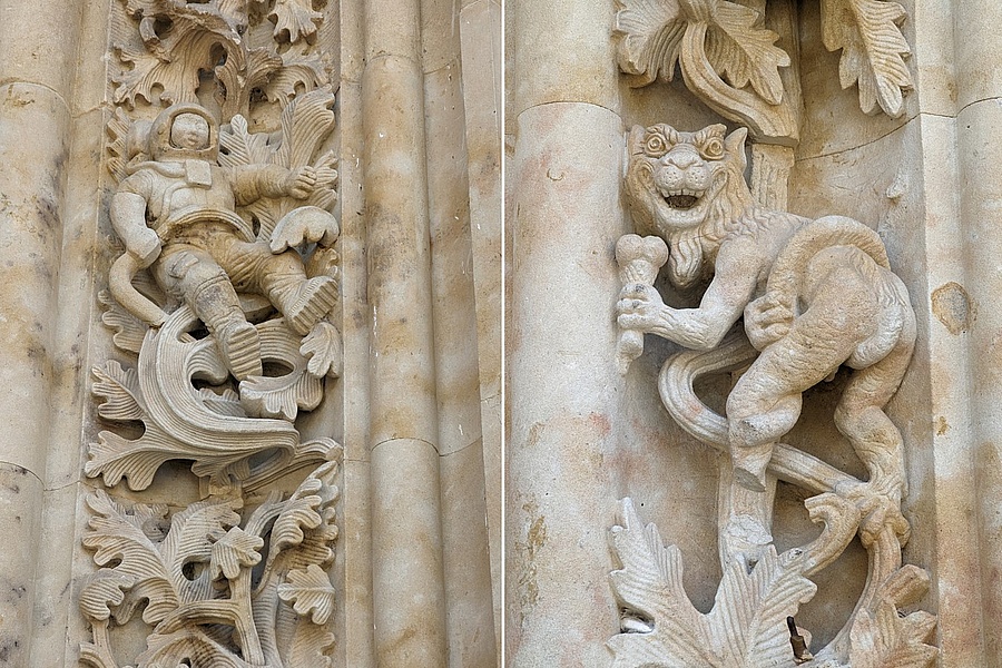 Astronaut und Drachen mit Eistüte am Hauptportal der Kathedrale Salamanca