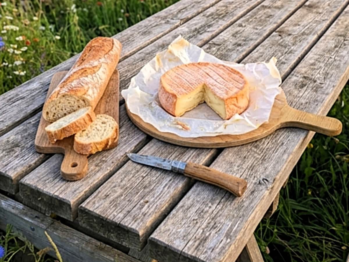 Ein rustikales Picknick auf einem Holztisch mit aufgeschnittenem Baguette, einem ganzen Munsterkäse