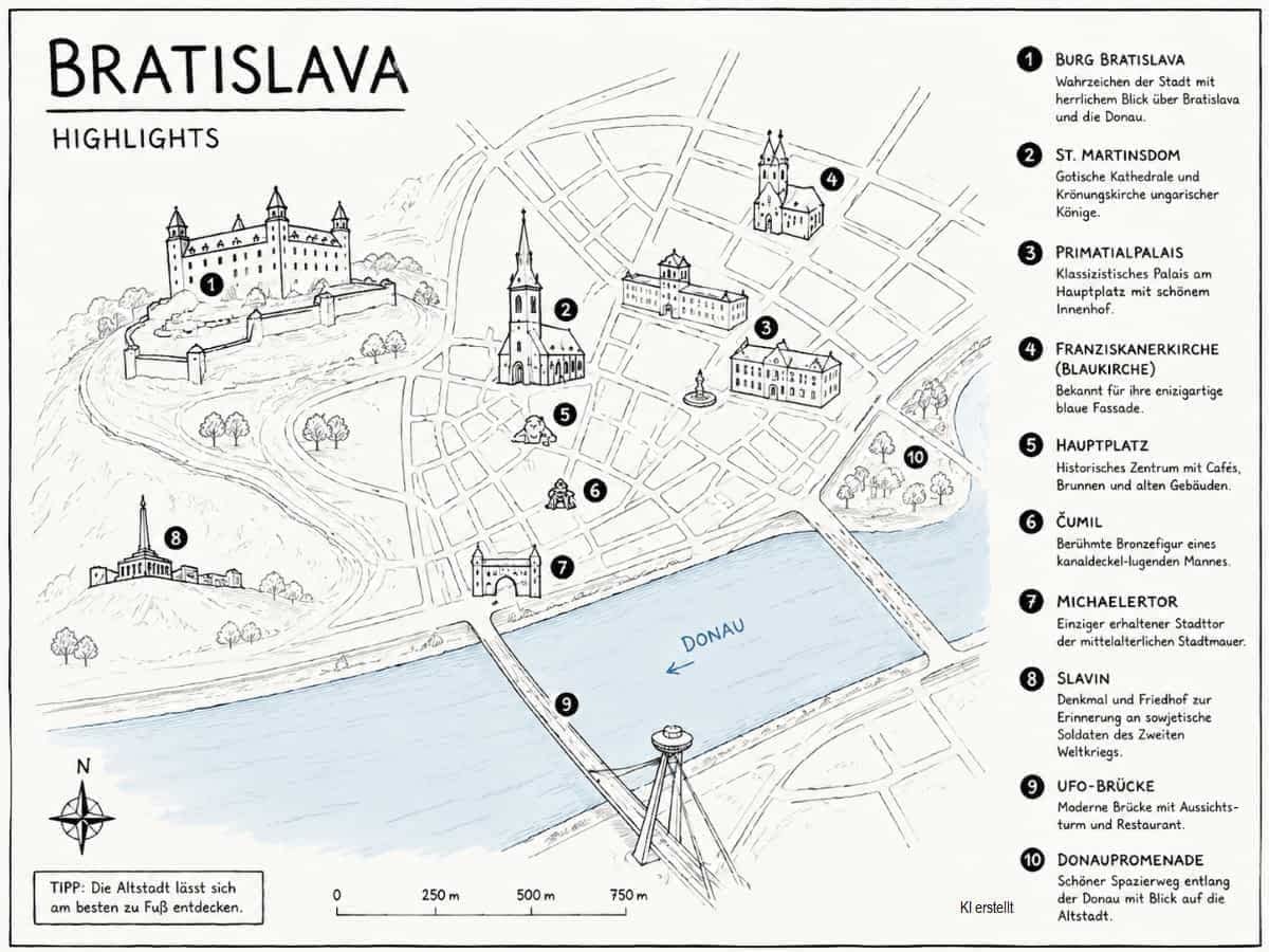Karte von Bratislava mit den wichtigsten touristischen Highlights